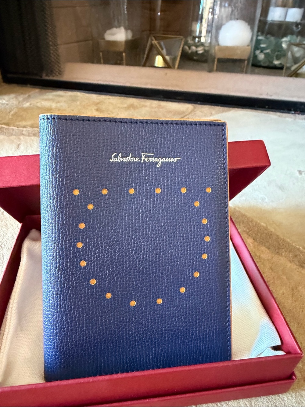 Salvatore Ferragamo Navy Leather Passport Cover with Gold Stud Heart